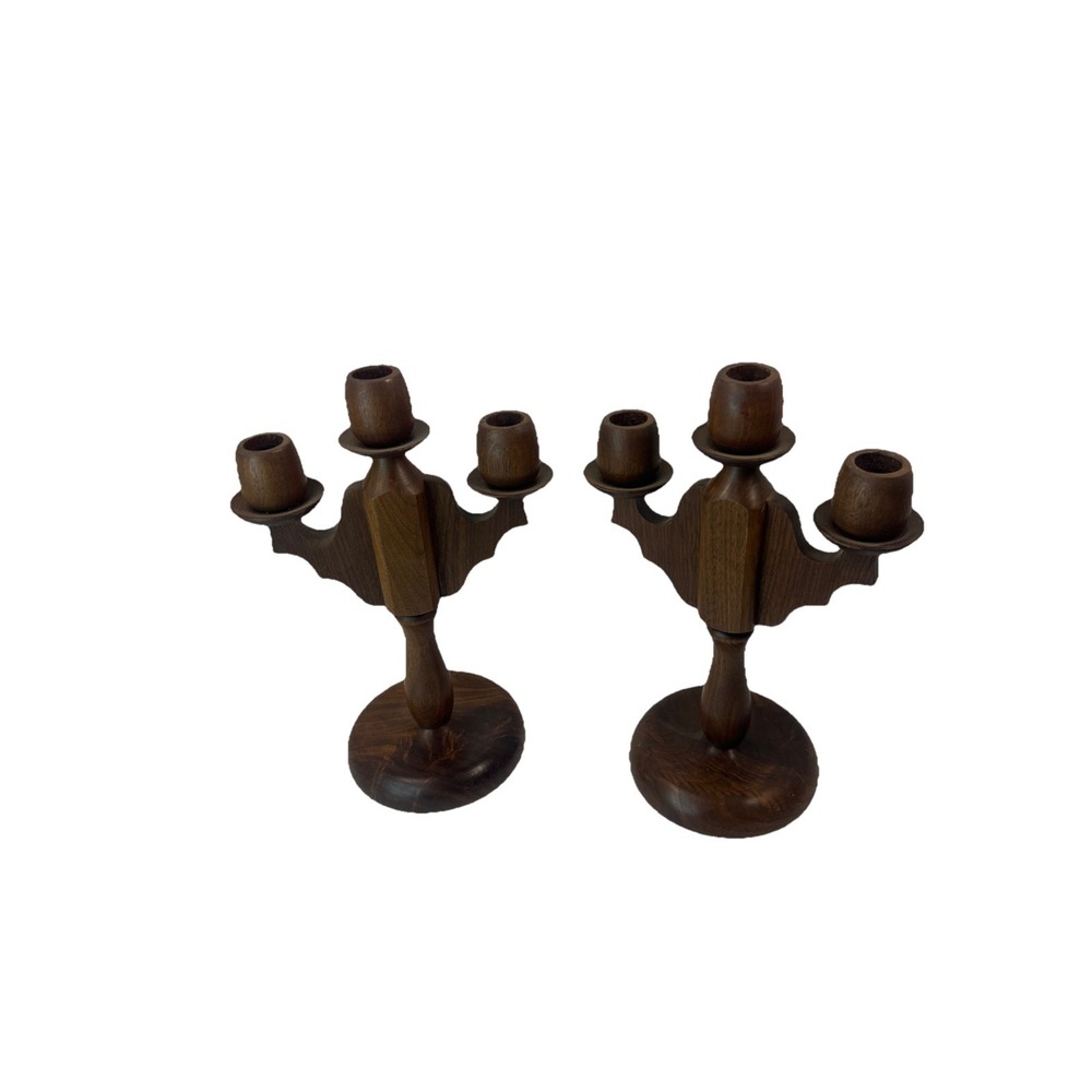 Vintage Wooden‎ Handcrafted Three Candelabra Candle Holder Pair (2)